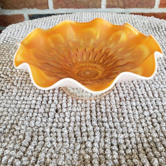 DUGAN RAINDROPS PEACH OPAL CARNIVAL GLASS DOME FOOTED BOWL  Antique Marigold Peach Opal Raindrop Carnival Glass Footed Bowl